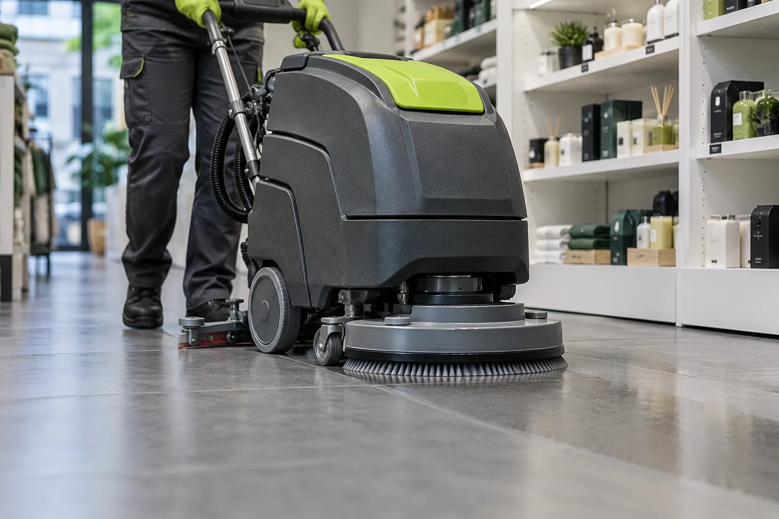 A professional floor cleaning machine working in a shop