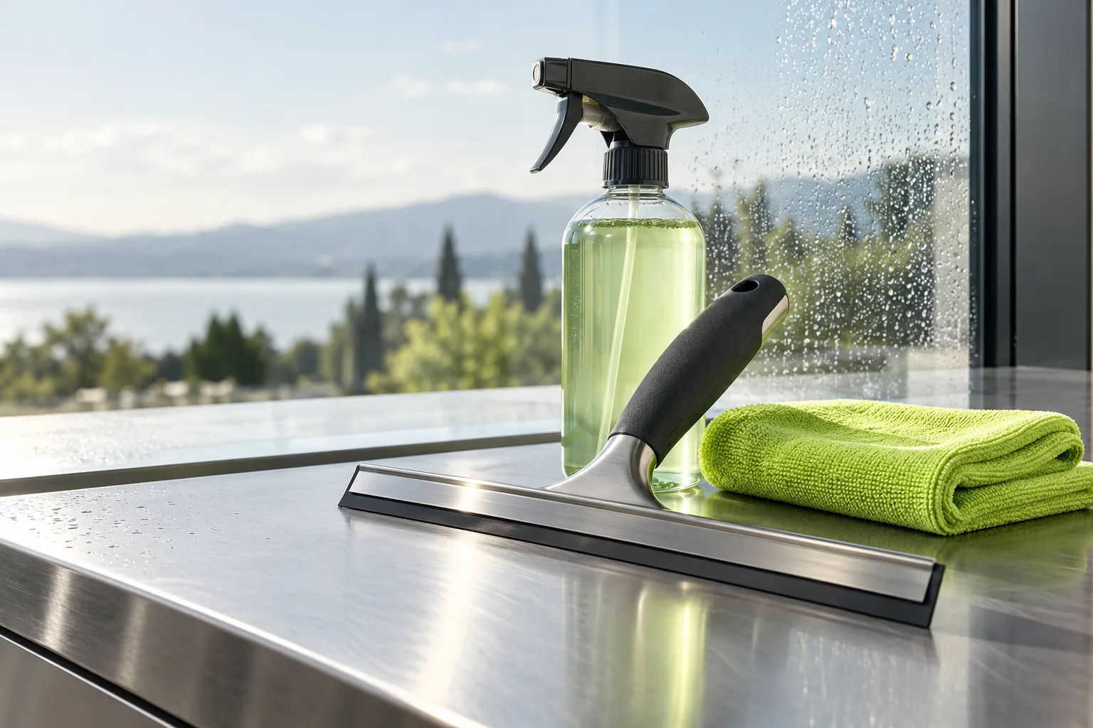 Matériel professionnel pour les vitres et microfibre verte