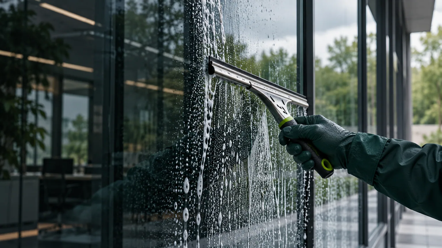 A professional squeegee drawing a clean line through water on a glass partition