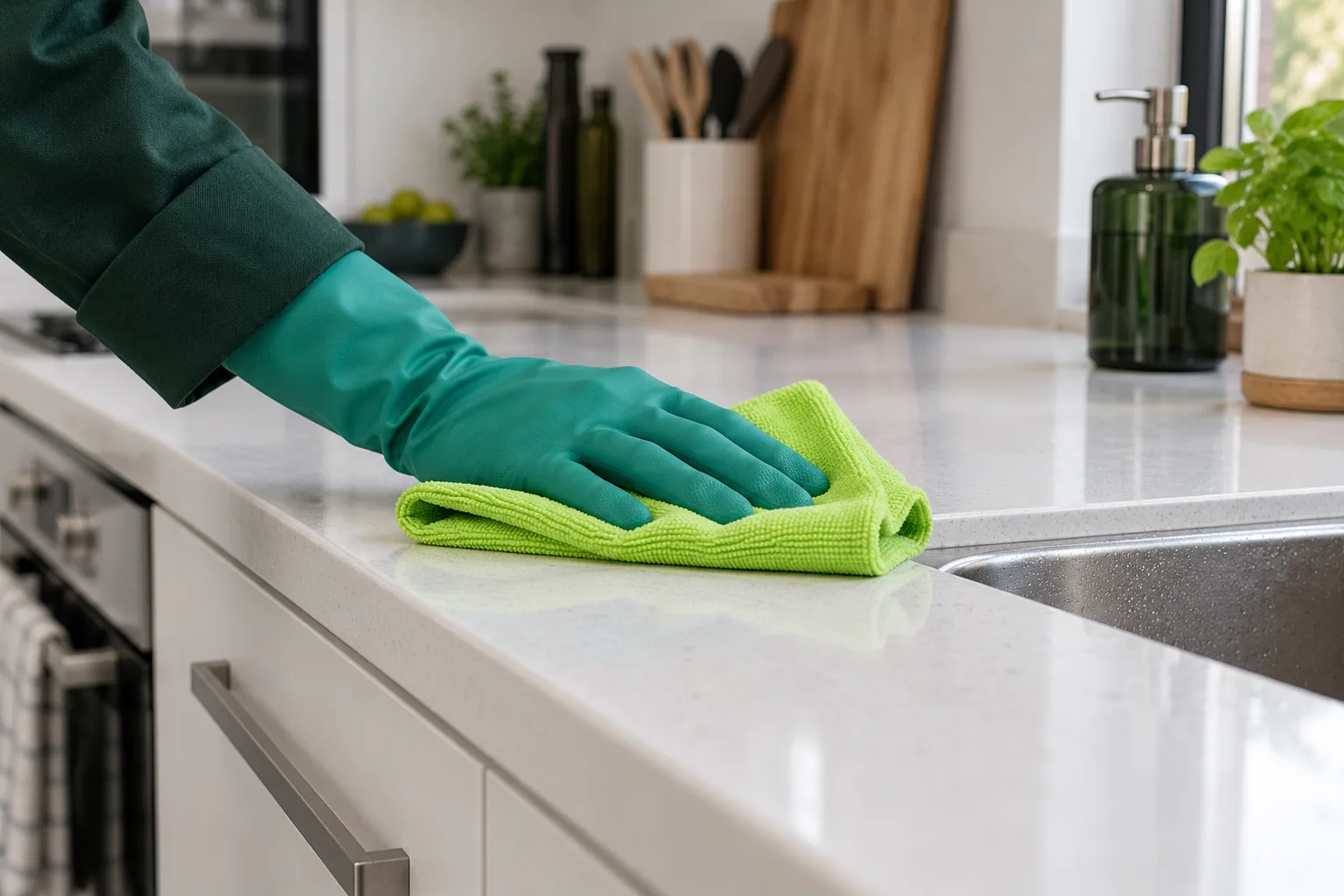 Cleaning a kitchen worktop in a home