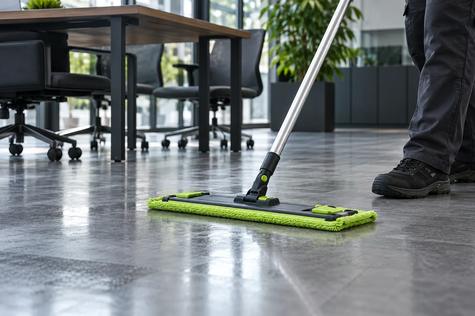 A professional flat mop cleaning an office floor